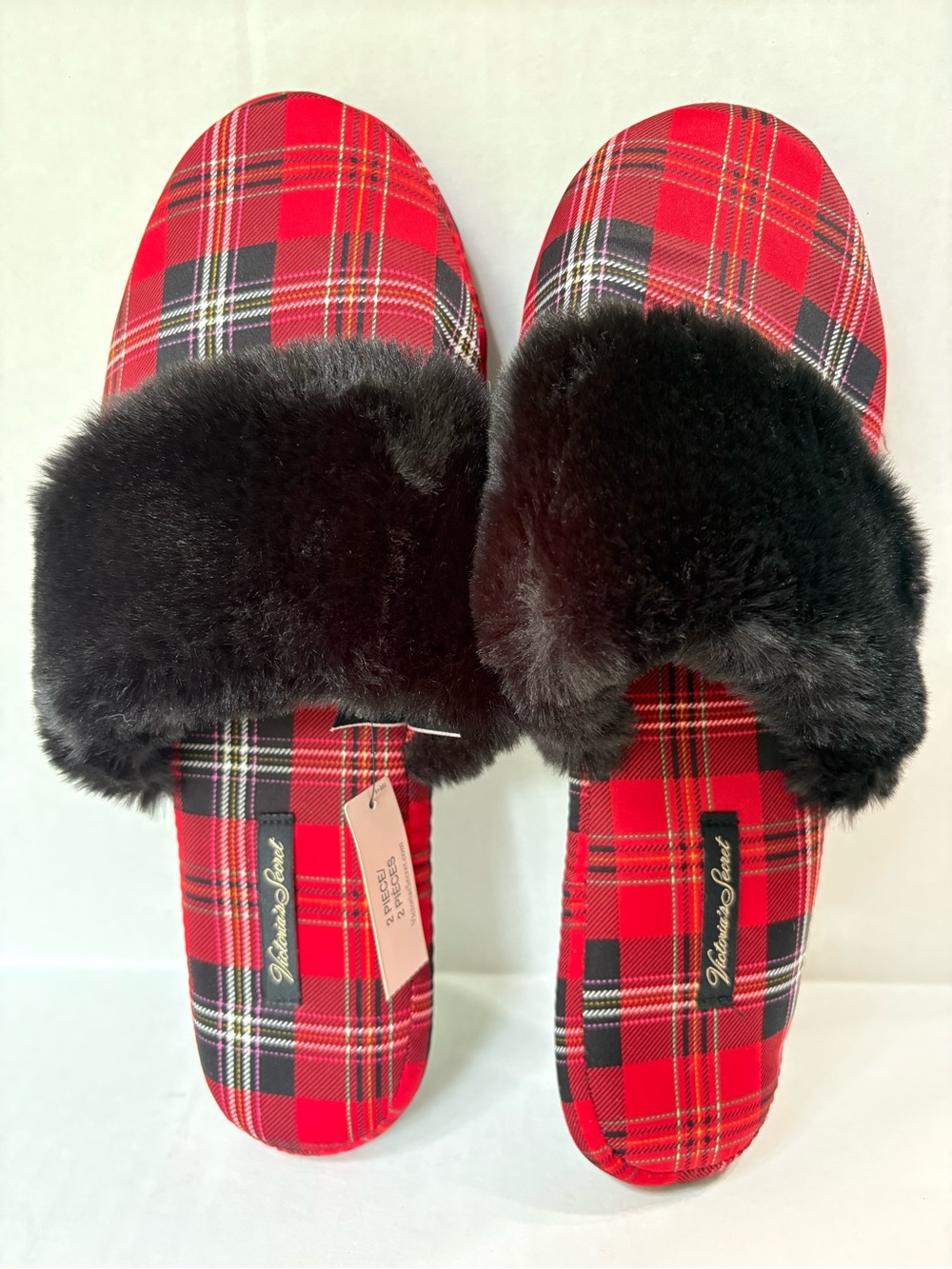 Victoria’s Secret Red Plaid Faux Fur Slide Slippers NWT Women’s M